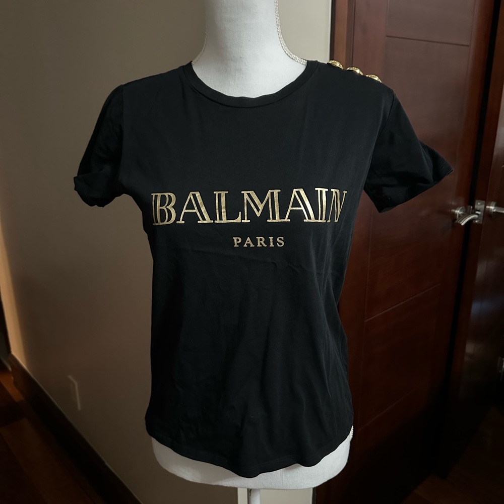 Balmain Black T-Shirt with Gold Accents